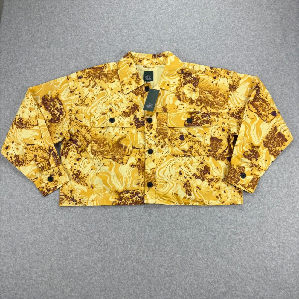 Jacket Womens XS Yellow Cropped Floral Denim Button Up Abstract Festival Casual